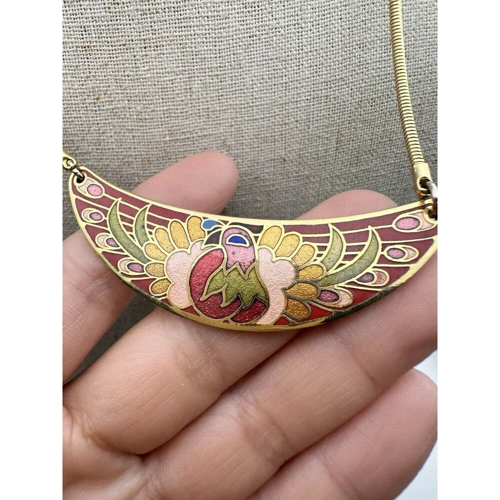 Vintage Colorful Cloisonné Bird Necklace 17”Gold Tone
